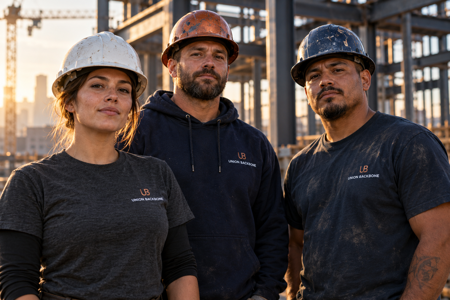 Illustrative Union Backbone workwear worn by three construction workers in hardhats